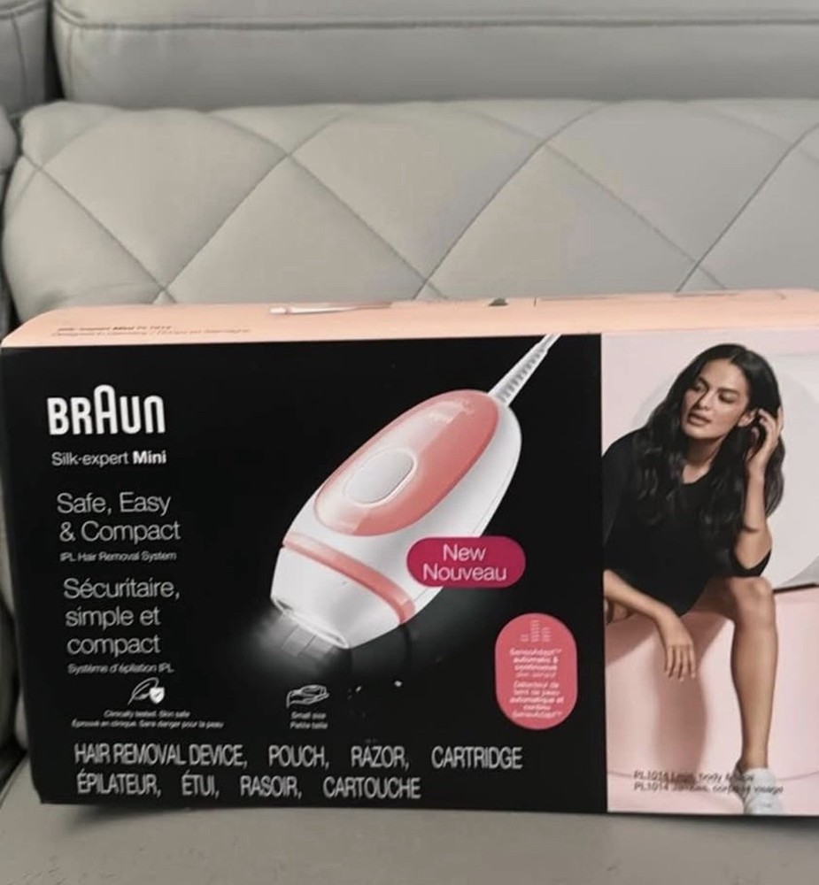 Braun Silk-expert Mini IPL Hair Removal Device Kit w/ Pouch, Razor, White/Pink