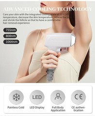 3500W diode laser, 755/808/1064nm wavelength, painless hair removal.