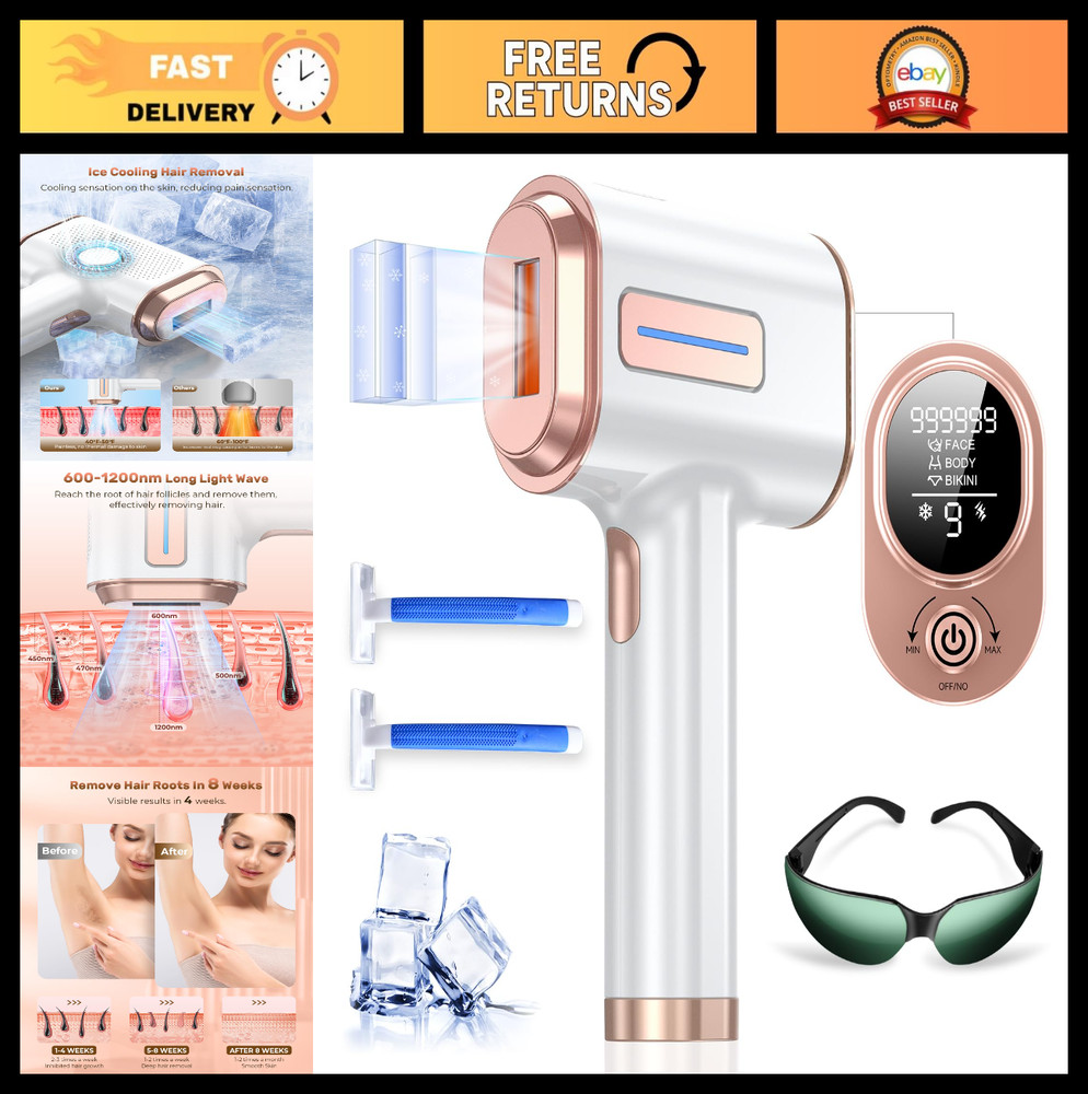 IPL Laser Hair Removal Device – 9 Intensity Levels, Ice Cooling, 2 Flash Modes f