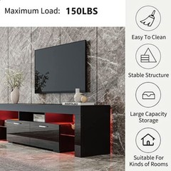 Qiyom Modern High Gloss LED TV Stand for TVs Up to 70″, Media Console/ Black