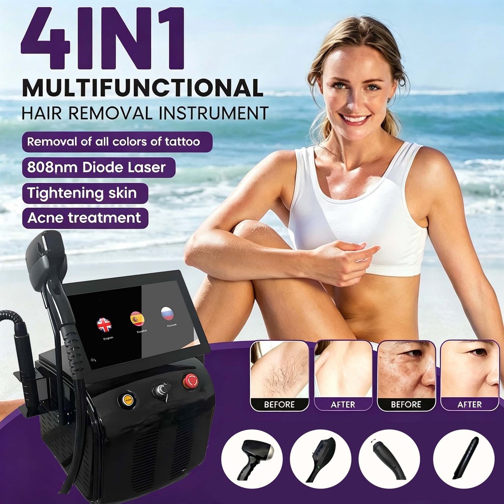 4IN1 755nm 808nm 1064nm Diode Laser Hair Removal Pico Tattoo IPL NG YAG Machine