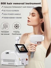 3500W diode laser, 755/808/1064nm wavelength, painless hair removal.