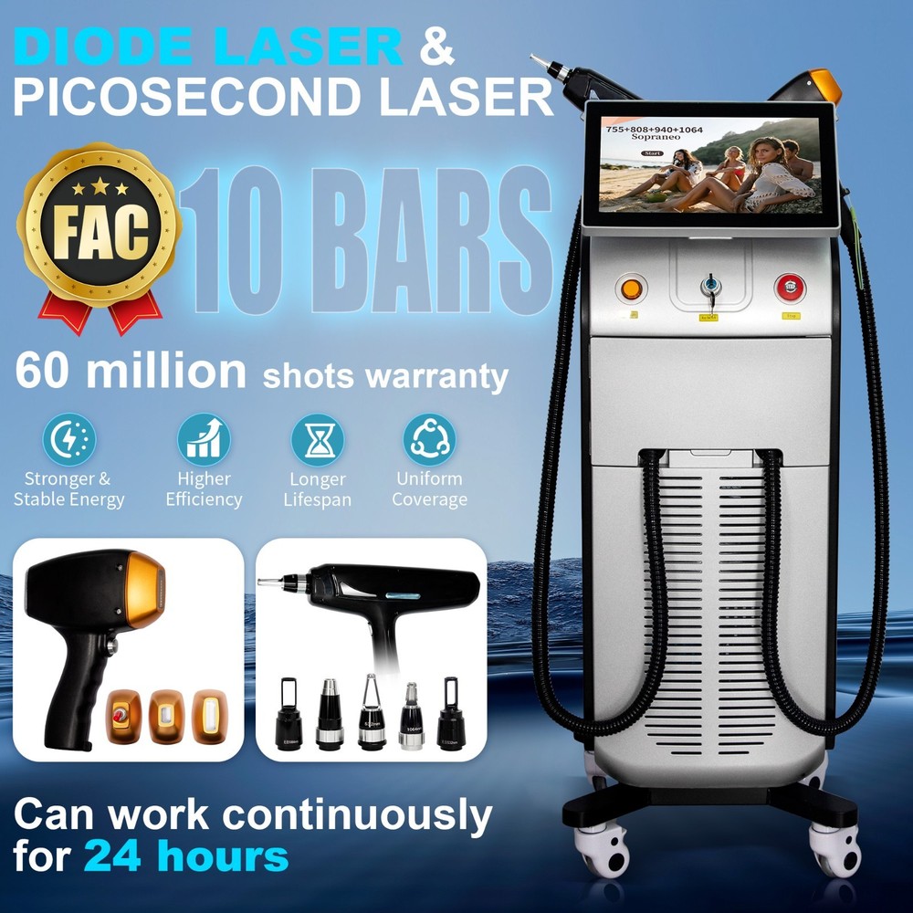 Diode Laser+Picolaser 10Bars FAC 5000W Hair Removal Machine 755/808/940/1064