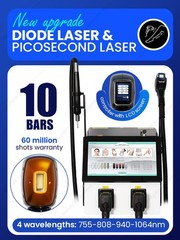 New 2-in-1 Diode Laser Hair Removal 4-Wave 10 Bars & Pico Tattoo Removal Machine