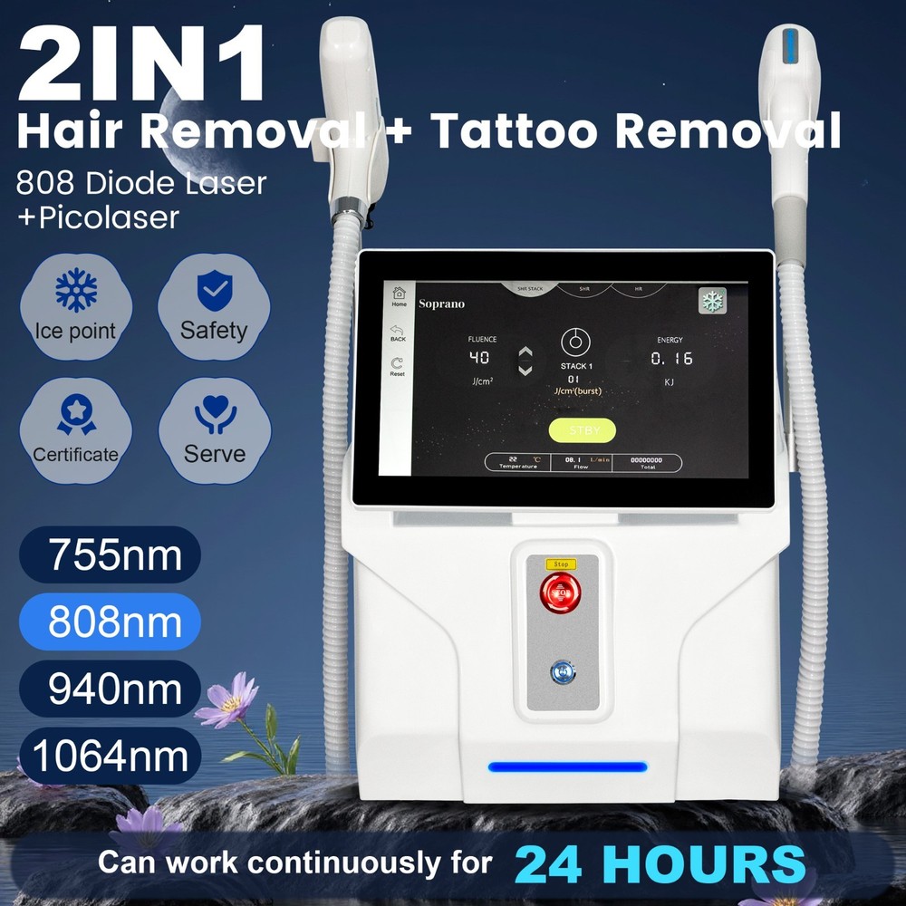 2 In 1 808nm Diode Laser Hair Removal & Pico Laser Tattoo removal Machine 10bar