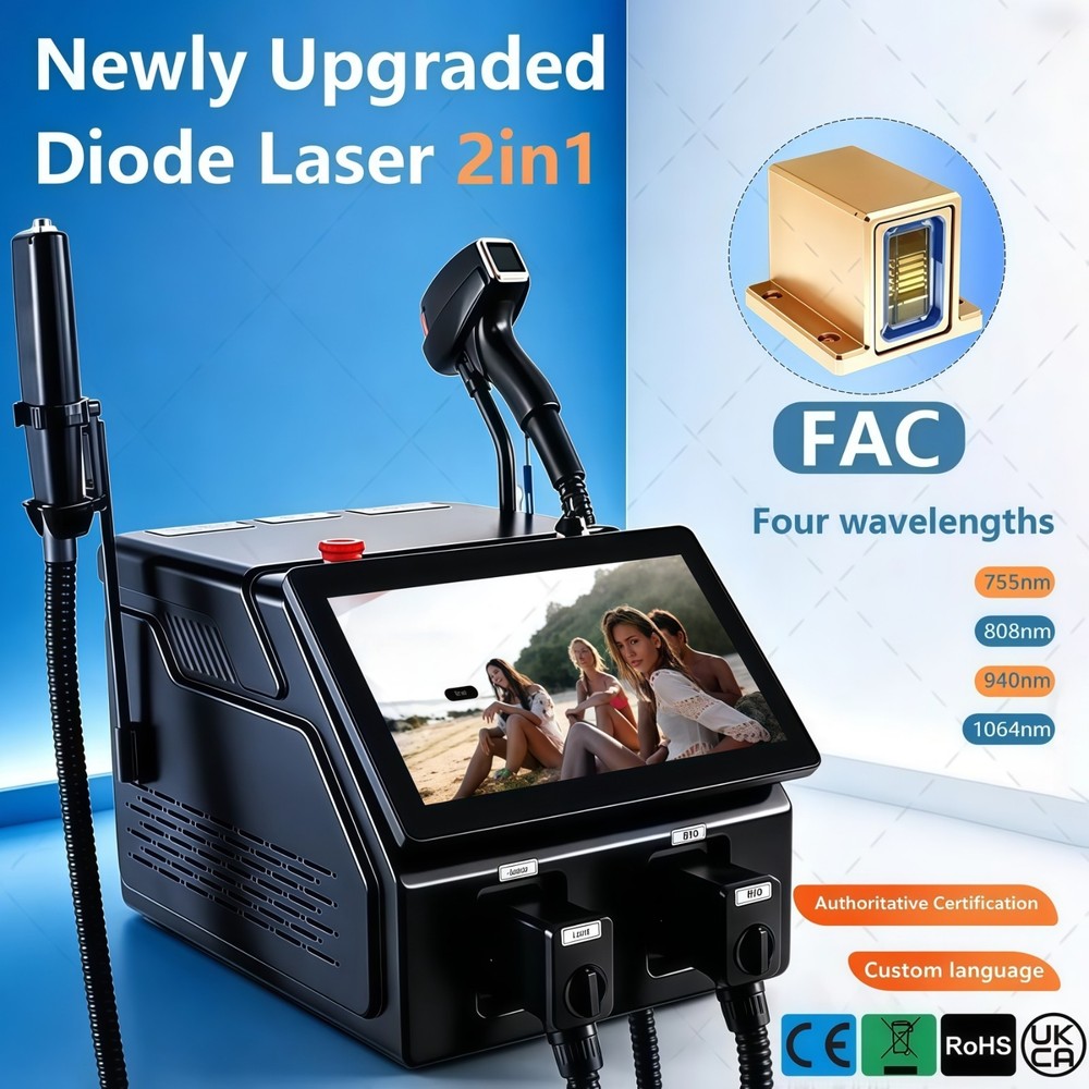 2 in 1 808 Diode Laser Hair & Pico Tattoo Removal Machine Yag 755 808 940 1064NM